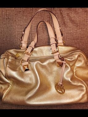 Michael Kors Metallic Gold Satchel with Pale Pink Handles